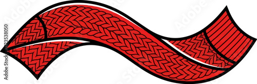 A flowing ribbon with a knitted pattern in red and black