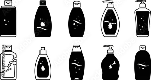 A collection of various stylized bottles containing liquids and bubbles