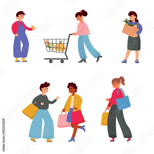 Sellers and buyers with bags and products on a white isolated background.
