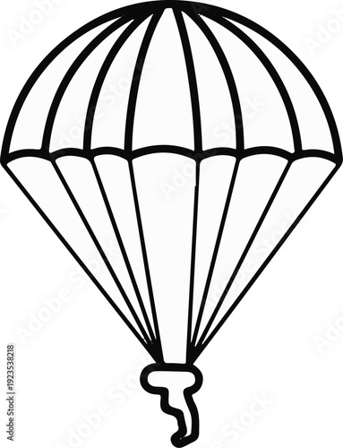 A simple black and white line drawing of an open parachute with a curved handle