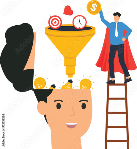 Business funnel concept showing money flow, lead generation, investment return, marketing strategy, idea conversion, financial success, and revenue growth