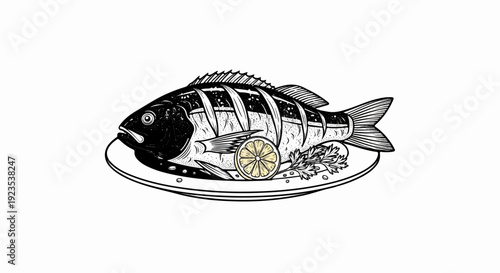 A vintage illustration of a whole grilled fish served on a platter with lemon