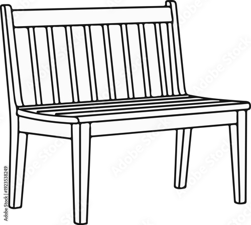 A simple black and white line drawing of a wooden park bench