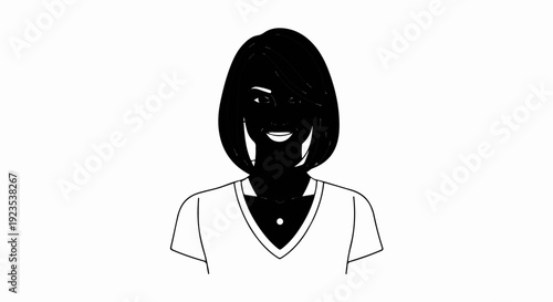 A simple black and white line drawing of a smiling woman with bobbed hair