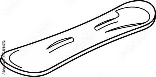 A simple black and white line drawing of a snowboard viewed from a slight angle