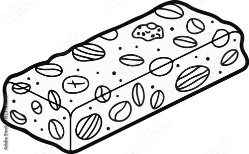 A stylized, black and white illustration of a bar filled with nuts and dots