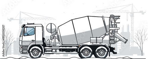 A concrete mixer truck is parked in the snow with construction cranes in background