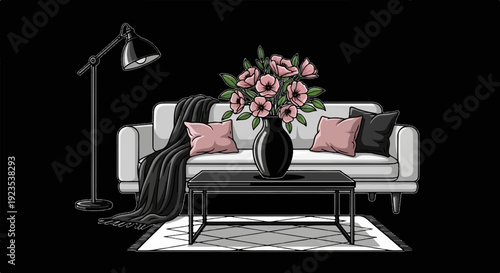 A contemporary living room scene with a white sofa, floral arrangement, and floor lamp