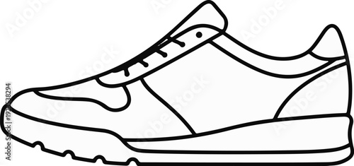 A simple black and white line drawing of a single athletic shoe