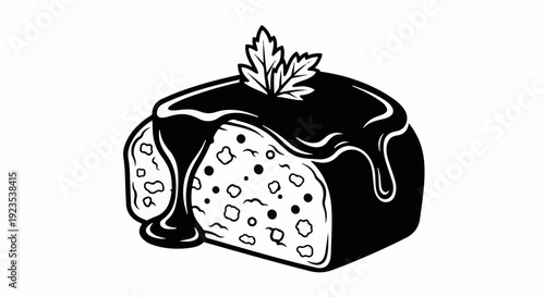 A stylized black and white illustration of a frosted cake slice with a leaf garnish