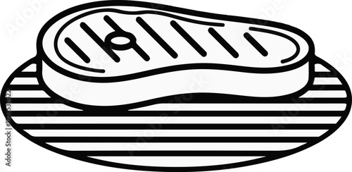A stylized black and white illustration of a grilled steak on a plate