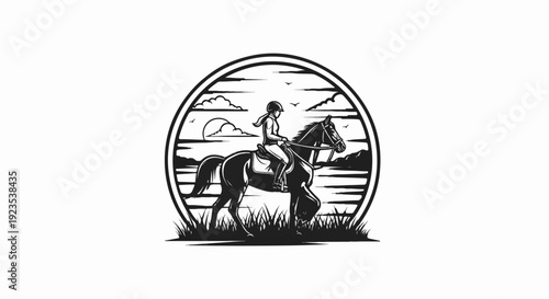A stylized black and white illustration of a horse and rider in a circular frame