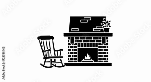 A cozy scene with a rocking chair next to a brick fireplace with a fire