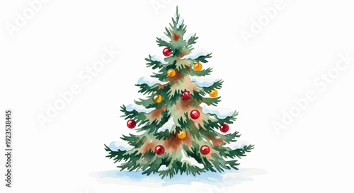 A watercolor-style Christmas tree adorned with red and gold baubles, covered in snow