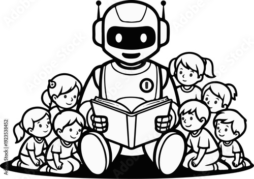 A friendly robot reads a book to a group of attentive children