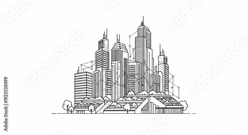 A futuristic city skyline rendered in a minimalist line art style, depicting interconnected structures
