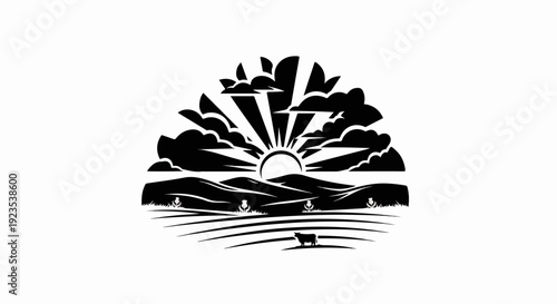 A stylized black and white illustration of a sunrise over rolling hills with a single animal