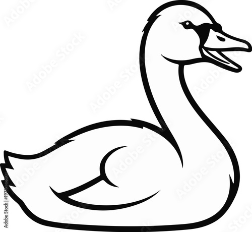 A stylized, black and white illustration of a swan in profile, open beak