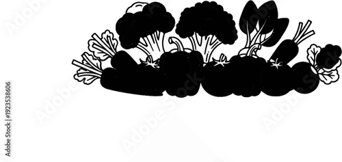 A stylized black and white illustration of a variety of fresh vegetables in a row