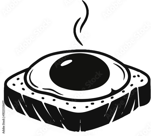 A stylized black and white illustration of a single fried egg on toast, steaming