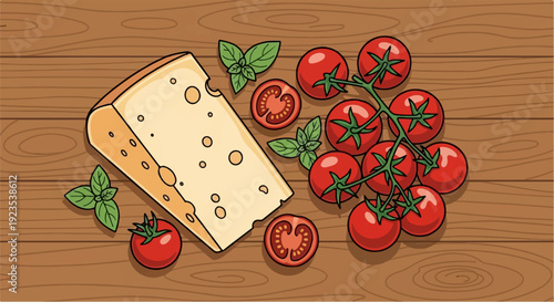 A wedge of swiss cheese with cherry tomatoes and basil leaves