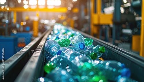 Plastic Bottles on Conveyor Belt in Recycling Plant.