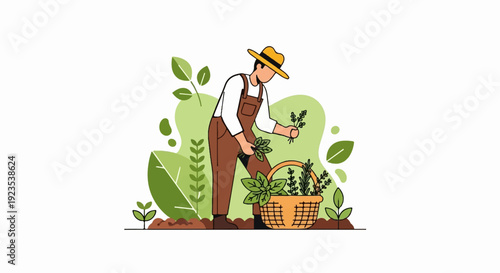 A gardener wearing overalls and a hat harvests herbs into a basket
