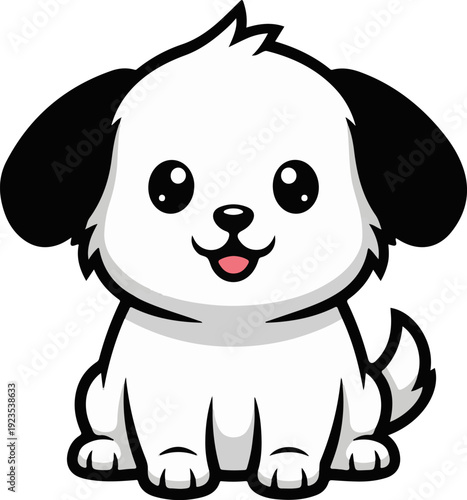 A cute, cartoonish black and white puppy sits smiling with big, soulful eyes