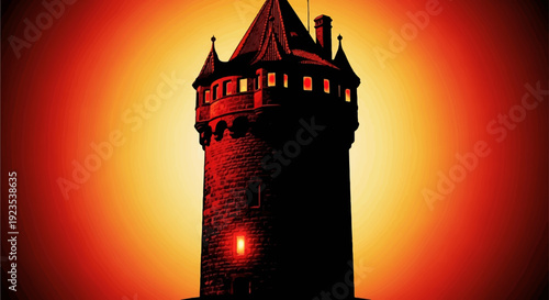 A dark, ancient tower with glowing windows against a fiery orange sunset