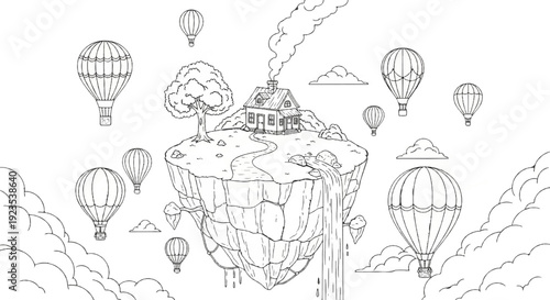 A whimsical floating island with a house, waterfall, tree, and balloons in the sky