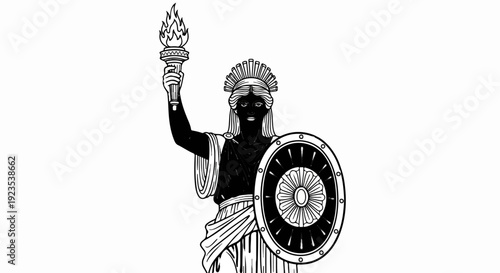 A stylized black and white illustration of a woman holding a torch and shield