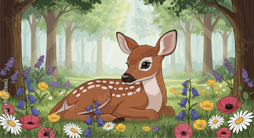 A cute spotted fawn rests peacefully in a sun-dappled forest clearing surrounded by wildflowers