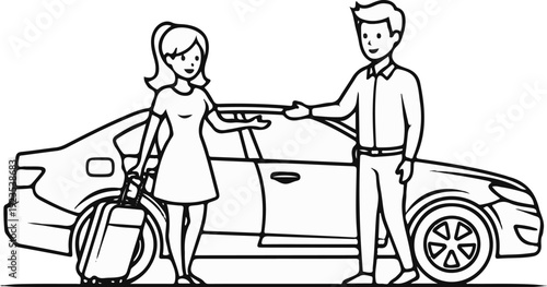 A man and woman stand by a car with luggage, ready for a trip