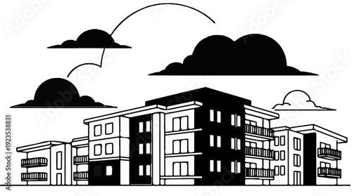 A graphic illustration of a modern apartment building under stylized clouds