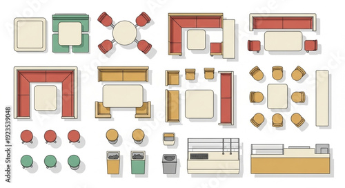 Top-down view of various furniture pieces for interior design and layout planning.