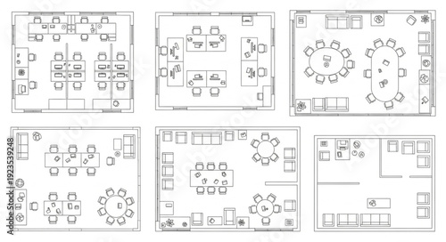 Office floor plans showcasing various layouts for workspace and meeting areas, modern design.