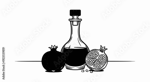 A minimalist black and white illustration of a bottle of dark liquid with pomegranates