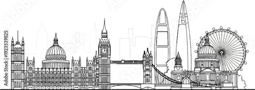 A minimalist black and white line drawing of a famous city skyline