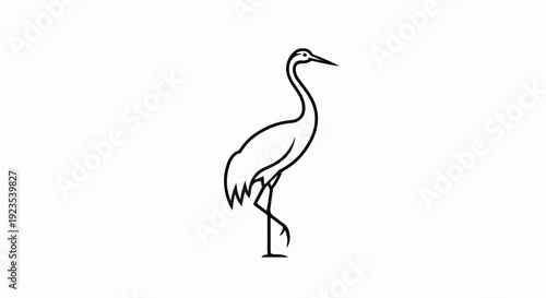 A minimalist black and white outline drawing of a graceful bird standing on one leg