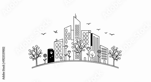 A minimalist line art cityscape depicts buildings, trees, flowers, and birds in motion