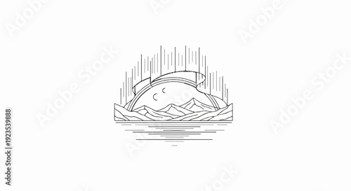 A minimalist line art depicts aurora, crescent moon, mountains, and water