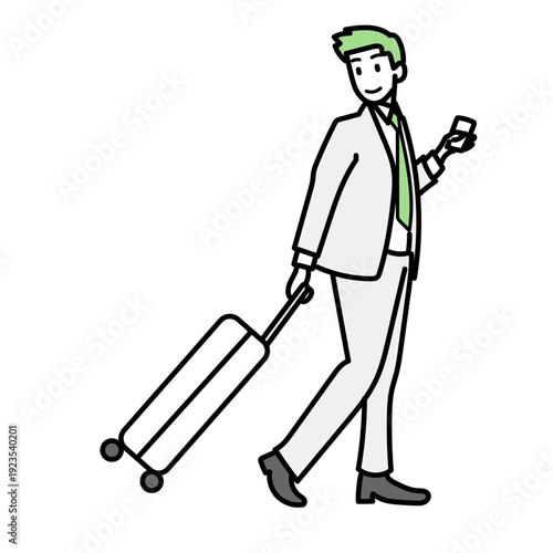 スーツを着た若いビジネスマンがキャリーケースを引きながらスマホをチェックする様子｜出張や旅行での移動中に目的地を確認する爽やかな男性のイラスト