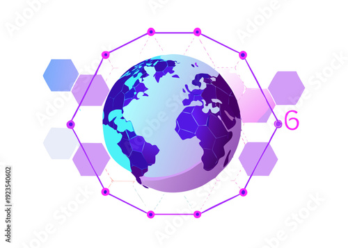 Abstract vector of the earth surrounded by a glowing 6G satellite mesh network, interconnected hexagons, neon cyan and deep space purple.