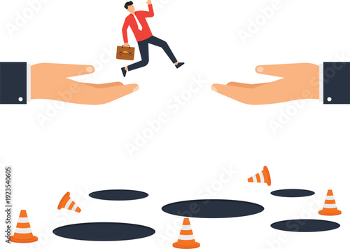 Businessman jumping business support helping hand risk management overcoming obstacles corporate challenge safety net financial security career success flat design