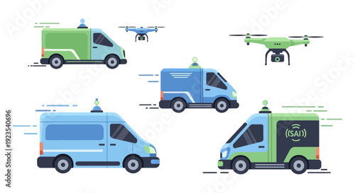 Autonomous Smart Delivery Fleet: AI-Powered Vans and Drones for Modern Logistics, E-commerce, and Fast Shipping.