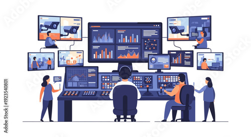 Operations Center Team Monitoring Security Surveillance and Big Data Dashboard. Centralized System Management and Crisis Control Room Vector Illustration.