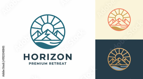 This beautiful logo features a sun setting over mountains and water, representing nature and tranquility, perfect for retreats or outdoor adventure brands.