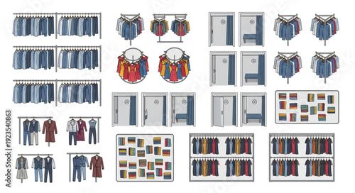 Clothing display racks showcasing various apparel items in a retail store setting.
