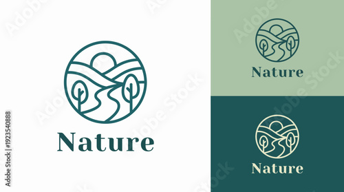 This logo embodies nature through a landscape design, featuring trees and rivers, representing tranquility, beauty, and the importance of environmental conservation.