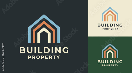 This logo showcases a unique design with an abstract building structure. It combines geometric shapes and warm colors representing property, architecture, and modernity.